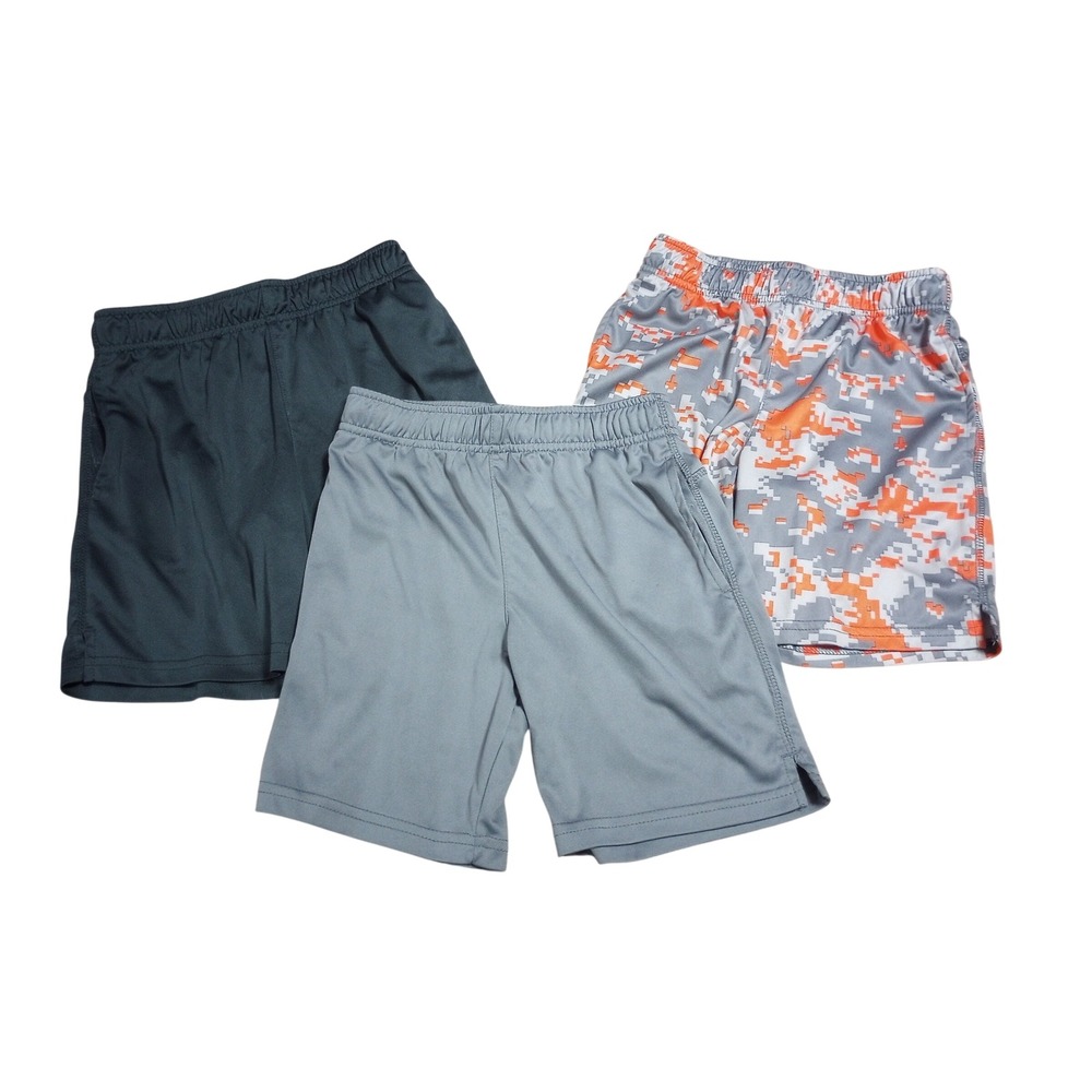 Athletic Works Boys M 8 DriWorks Shorts Bundle 3pk Grey Charcoal Orange Camo